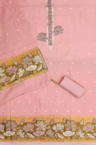 baby pink unstitched jamdani weaving with woven embellished dupatta muga dress material