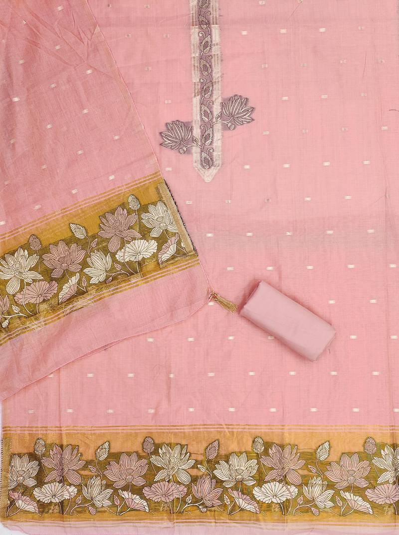 baby pink unstitched jamdani weaving with woven embellished dupatta muga dress material