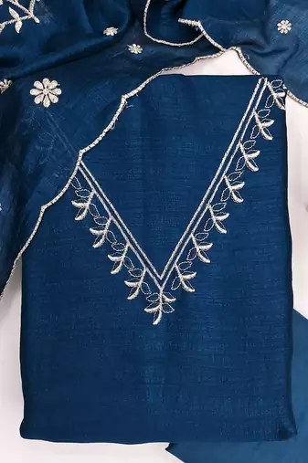 teal blue unstitched thread embroidery with embroidered dupatta vichitra silk blend dress material