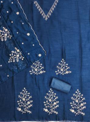 teal blue unstitched thread embroidery with embroidered dupatta vichitra silk blend dress material 2