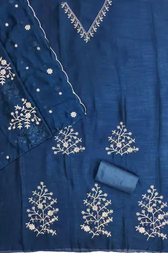 teal blue unstitched thread embroidery with embroidered dupatta vichitra silk blend dress material