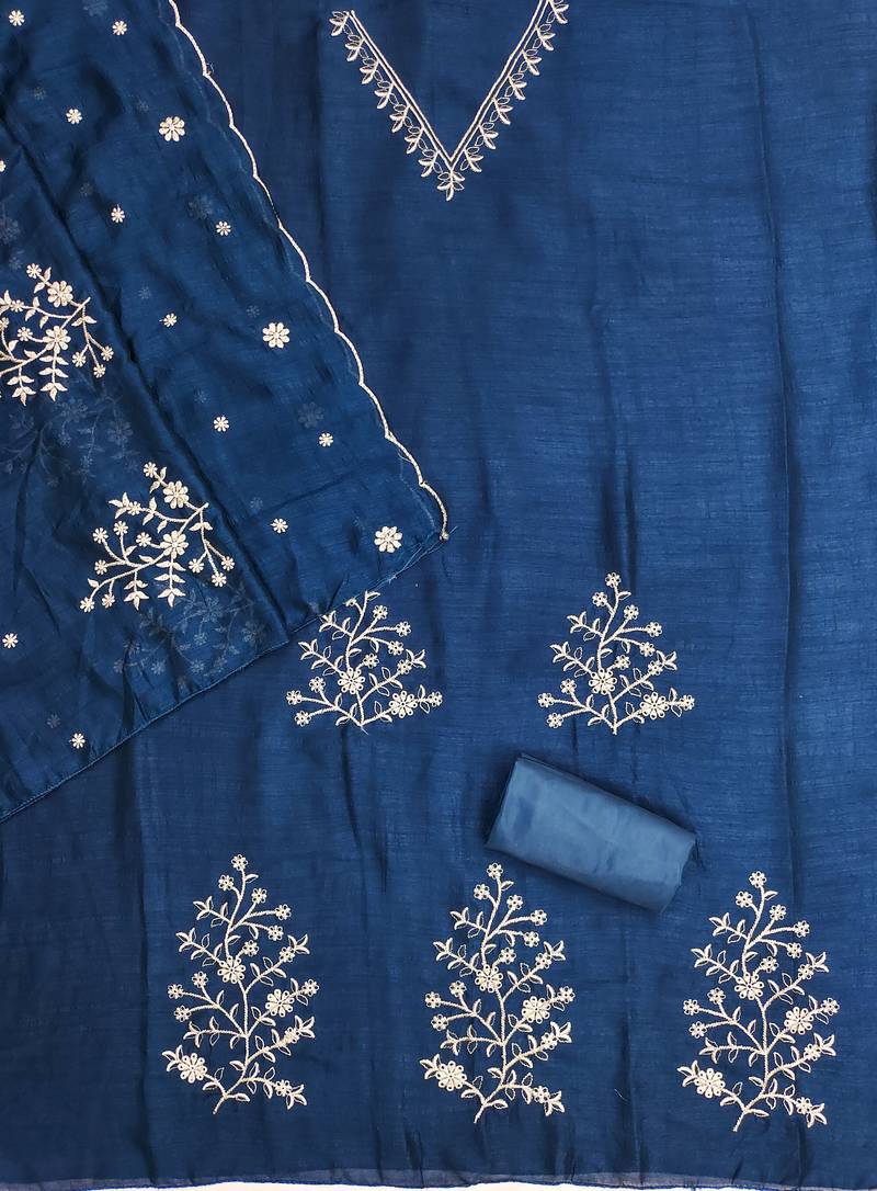 teal blue unstitched thread embroidery with embroidered dupatta vichitra silk blend dress material