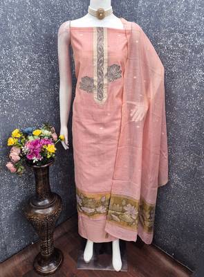 baby pink unstitched jamdani weaving with woven embellished dupatta muga dress material 4