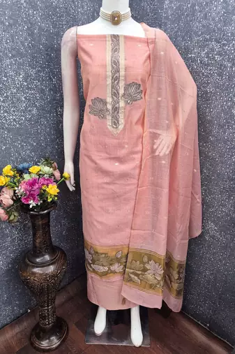 baby pink unstitched jamdani weaving with woven embellished dupatta muga dress material