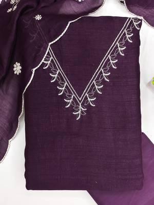 purple unstitched thread embroidery with embroidered dupatta vichitra silk blend dress material 1