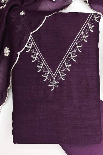 purple unstitched thread embroidery with embroidered dupatta vichitra silk blend dress material