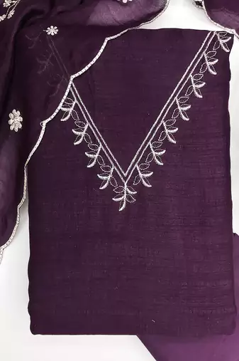 purple unstitched thread embroidery with embroidered dupatta vichitra silk blend dress material