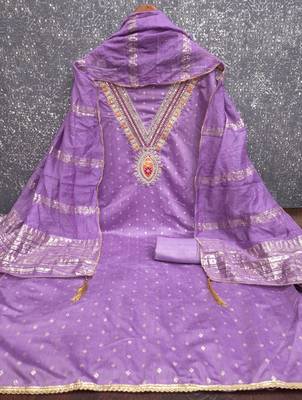 lavender unstitched weaving embroidered neck with woven embellished dupatta dress material 2