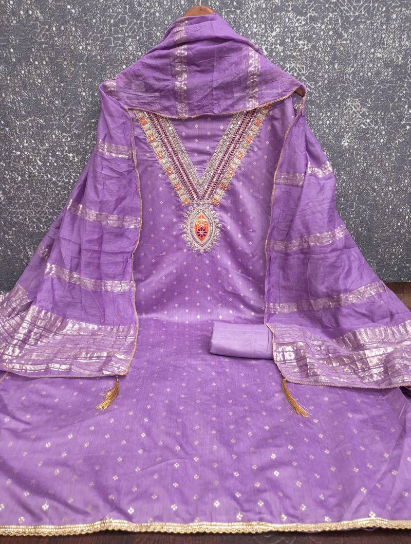 lavender unstitched weaving embroidered neck with woven embellished dupatta dress material