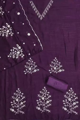 purple unstitched thread embroidery with embroidered dupatta vichitra silk blend dress material