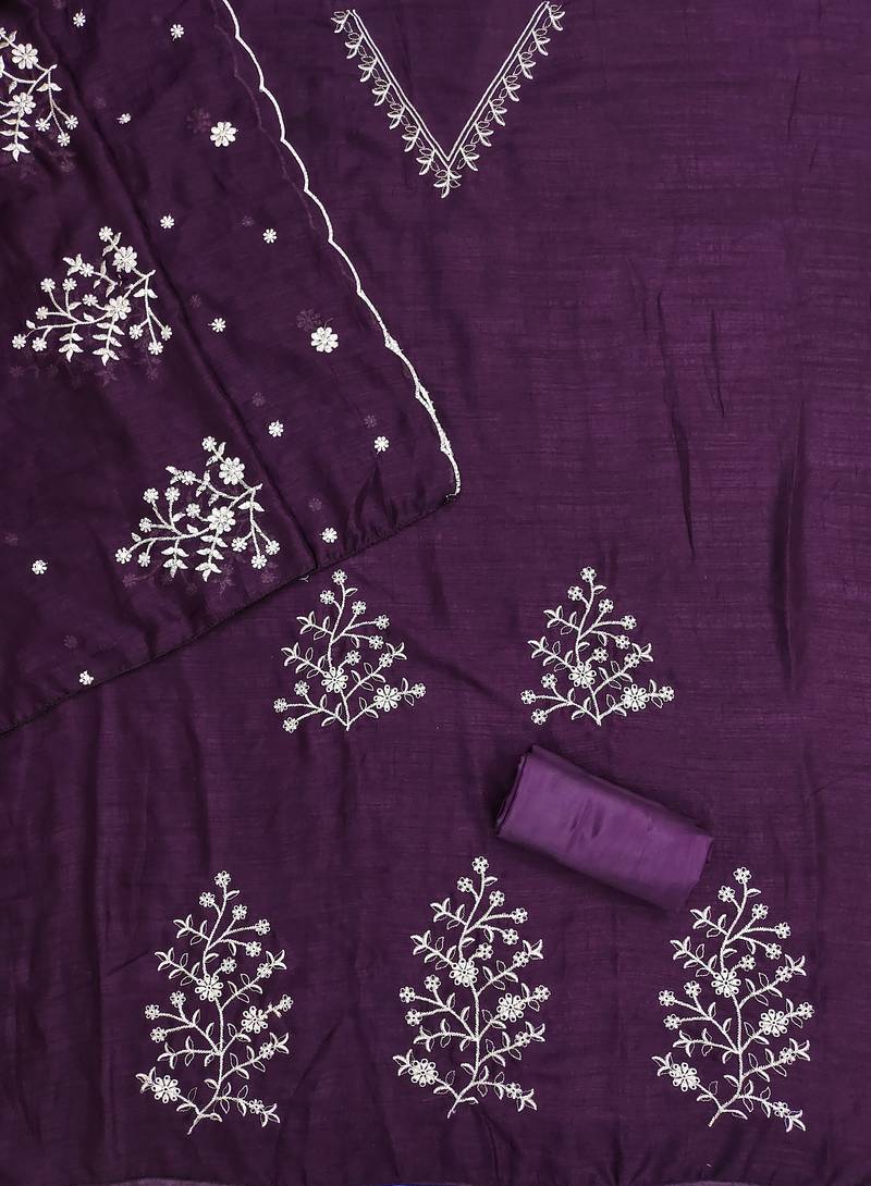 purple unstitched thread embroidery with embroidered dupatta vichitra silk blend dress material