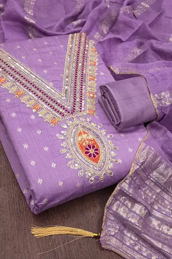 lavender unstitched weaving embroidered neck with woven embellished dupatta dress material