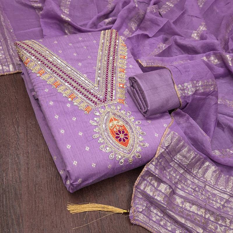 lavender unstitched weaving embroidered neck with woven embellished dupatta dress material