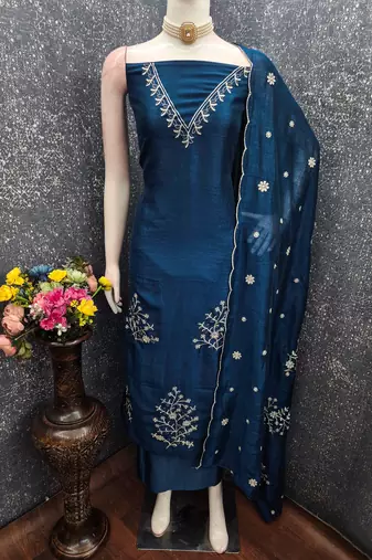 teal blue unstitched thread embroidery with embroidered dupatta vichitra silk blend dress material