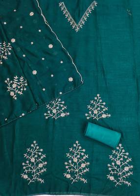 green unstitched thread embroidery with embroidered dupatta vichitra silk blend dress material 2
