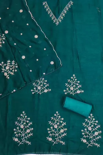 green unstitched thread embroidery with embroidered dupatta vichitra silk blend dress material