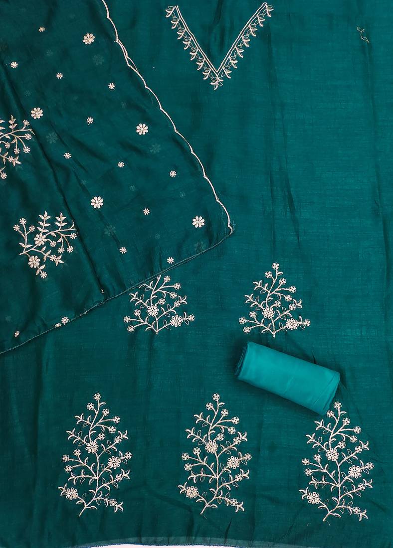 green unstitched thread embroidery with embroidered dupatta vichitra silk blend dress material