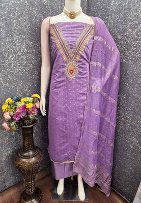 lavender unstitched weaving embroidered neck with woven embellished dupatta dress material 4