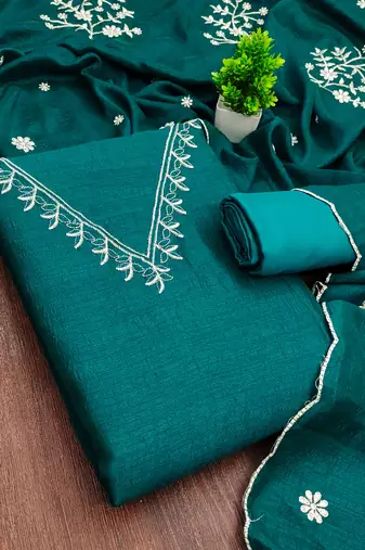 green unstitched thread embroidery with embroidered dupatta vichitra silk blend dress material