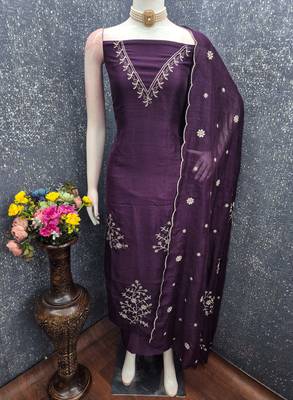 purple unstitched thread embroidery with embroidered dupatta vichitra silk blend dress material 4