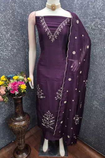 purple unstitched thread embroidery with embroidered dupatta vichitra silk blend dress material