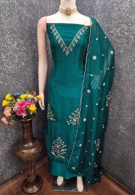 green unstitched thread embroidery with embroidered dupatta vichitra silk blend dress material 4