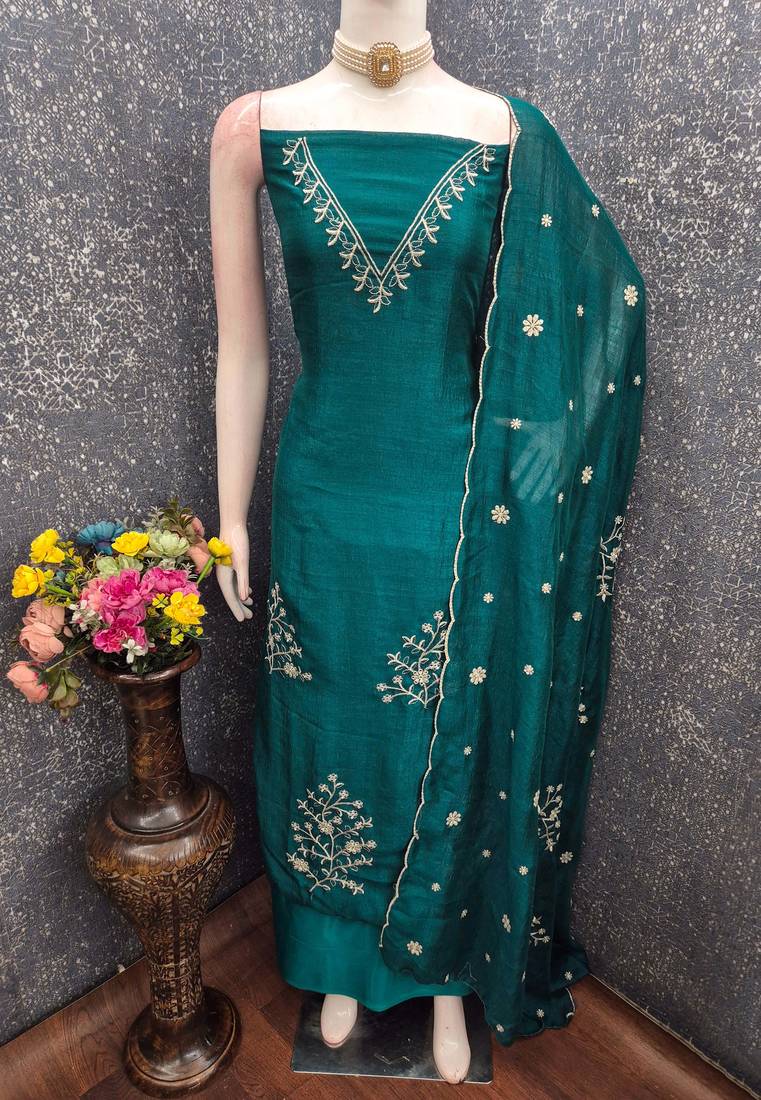 green unstitched thread embroidery with embroidered dupatta vichitra silk blend dress material