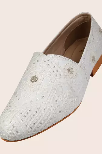 mens fabric material white all over embroidery ethnic shoes for bridal party occasion