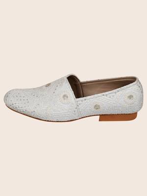 mens fabric material white all over embroidery ethnic shoes for bridal party occasion 2