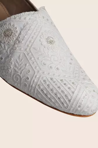 mens fabric material white all over embroidery ethnic shoes for bridal party occasion