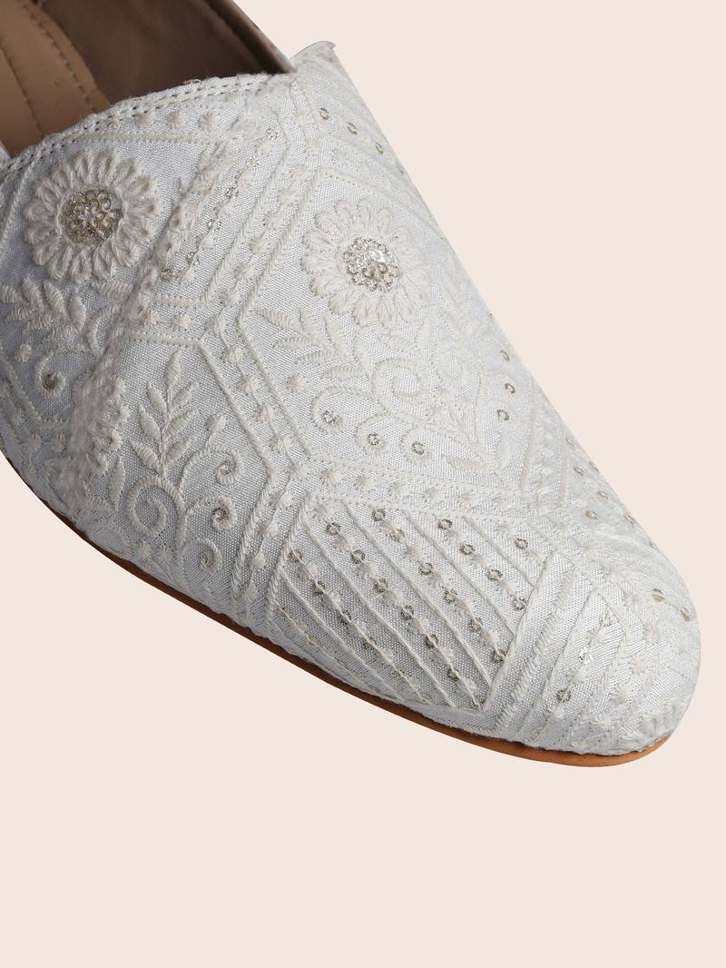 mens fabric material white all over embroidery ethnic shoes for bridal party occasion