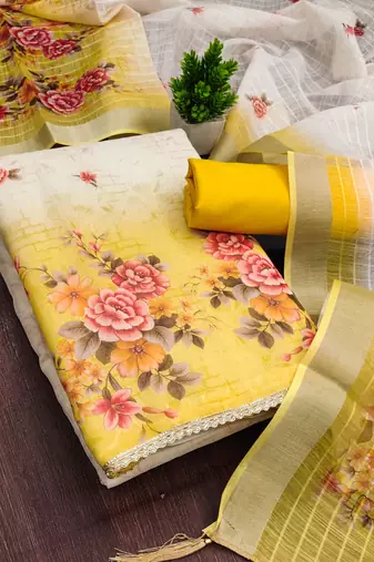 multi unstitched digital print with printed dupatta shimmer dress material