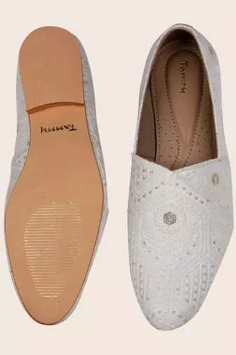 mens fabric material white all over embroidery ethnic shoes for bridal party occasion