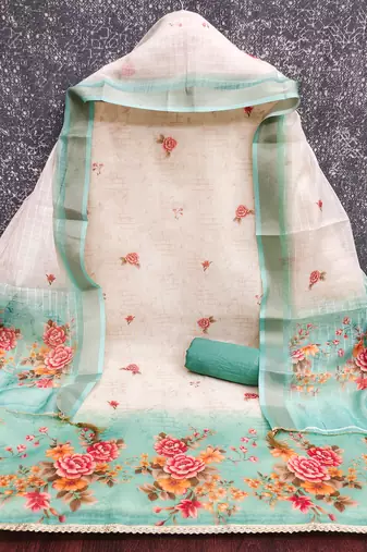 multi unstitched digital print with printed dupatta shimmer dress material