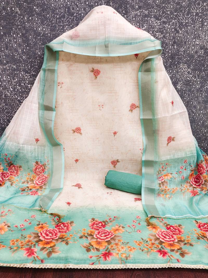 multi unstitched digital print with printed dupatta shimmer dress material