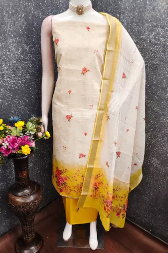 multi unstitched digital print with printed dupatta shimmer dress material