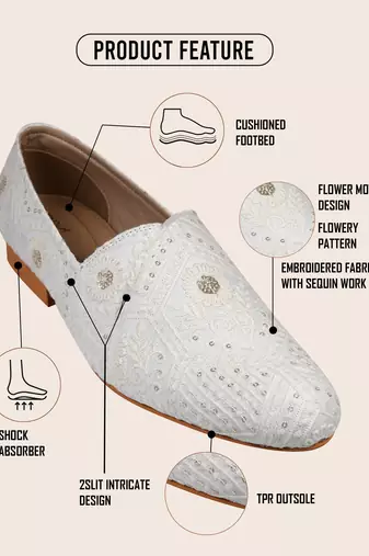 mens fabric material white all over embroidery ethnic shoes for bridal party occasion
