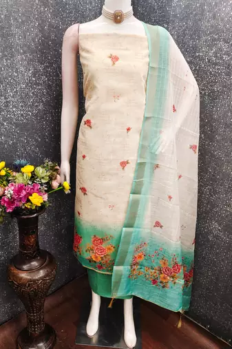 multi unstitched digital print with printed dupatta shimmer dress material