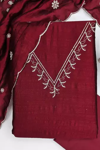 maroon unstitched thread embroidery with embroidered dupatta vichitra silk blend dress material