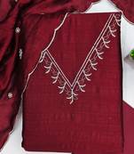 maroon unstitched thread embroidery with embroidered dupatta vichitra silk blend dress material
