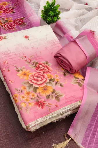 multi unstitched digital print with printed dupatta shimmer dress material