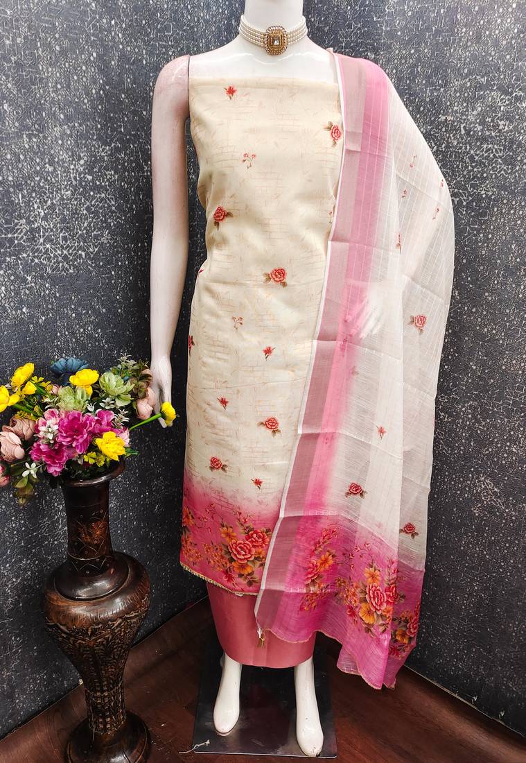 multi unstitched digital print with printed dupatta shimmer dress material