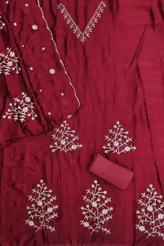 maroon unstitched thread embroidery with embroidered dupatta vichitra silk blend dress material