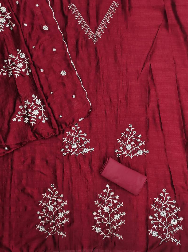 maroon unstitched thread embroidery with embroidered dupatta vichitra silk blend dress material
