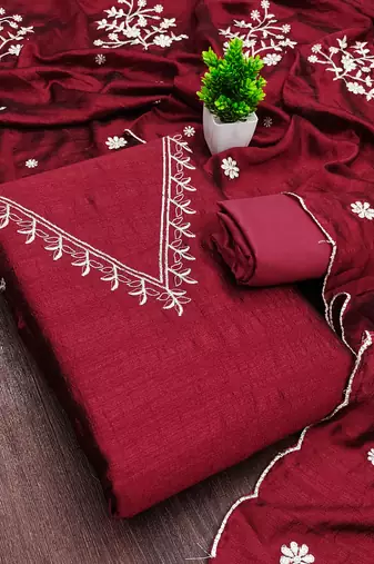 maroon unstitched thread embroidery with embroidered dupatta vichitra silk blend dress material
