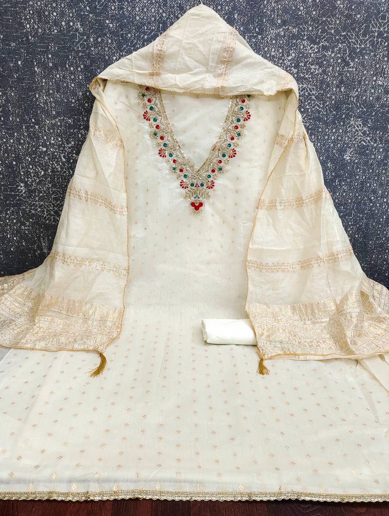 white unstitched weaving embroidered neck with woven embellished dupatta dress material