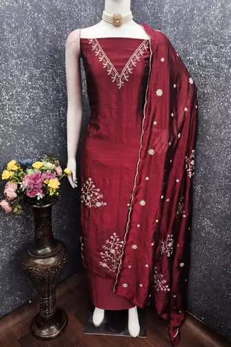 maroon unstitched thread embroidery with embroidered dupatta vichitra silk blend dress material