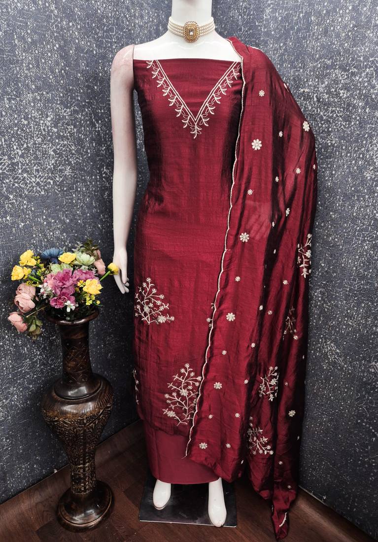 maroon unstitched thread embroidery with embroidered dupatta vichitra silk blend dress material