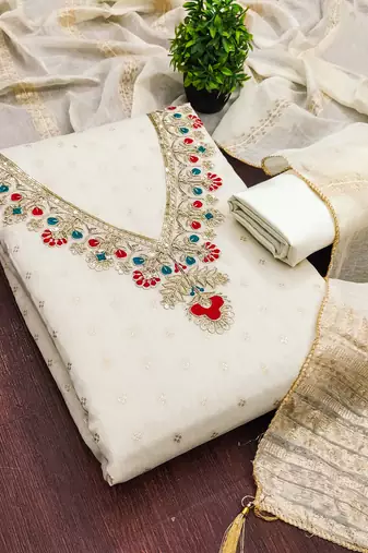white unstitched weaving embroidered neck with woven embellished dupatta dress material