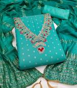sea green unstitched weaving embroidered neck with woven embellished dupatta dress material